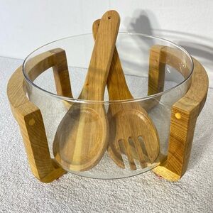 Vintage MCM Clear Glass Flat Bottom Salad Bowl W Wooden Stand & Utensil Set 4pc